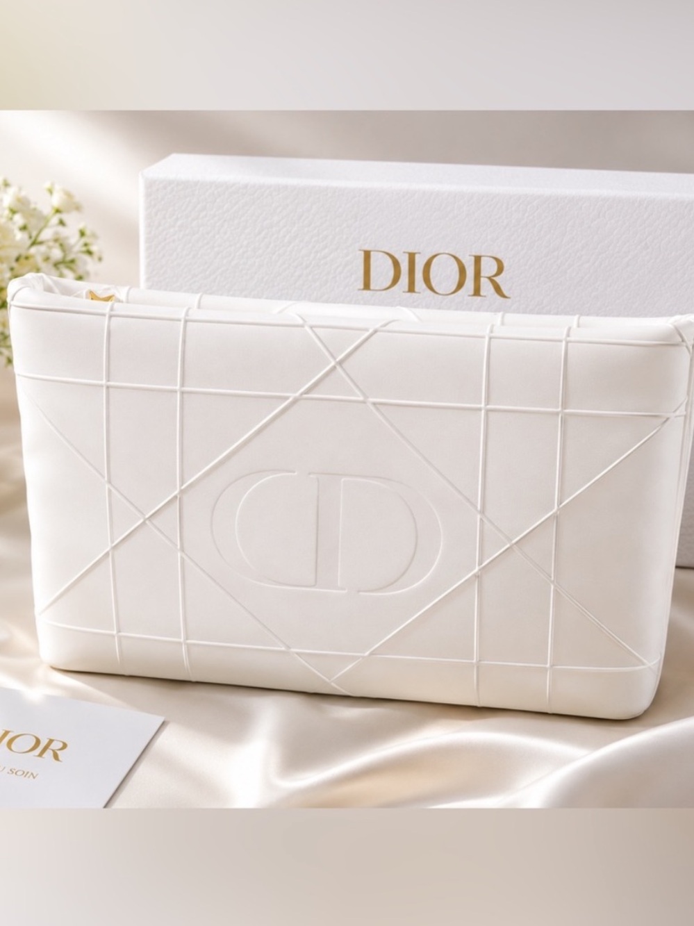 New Release Dior X-Large  White Embossed CD Cosmetic Pouch/Clutch in Box & Bag